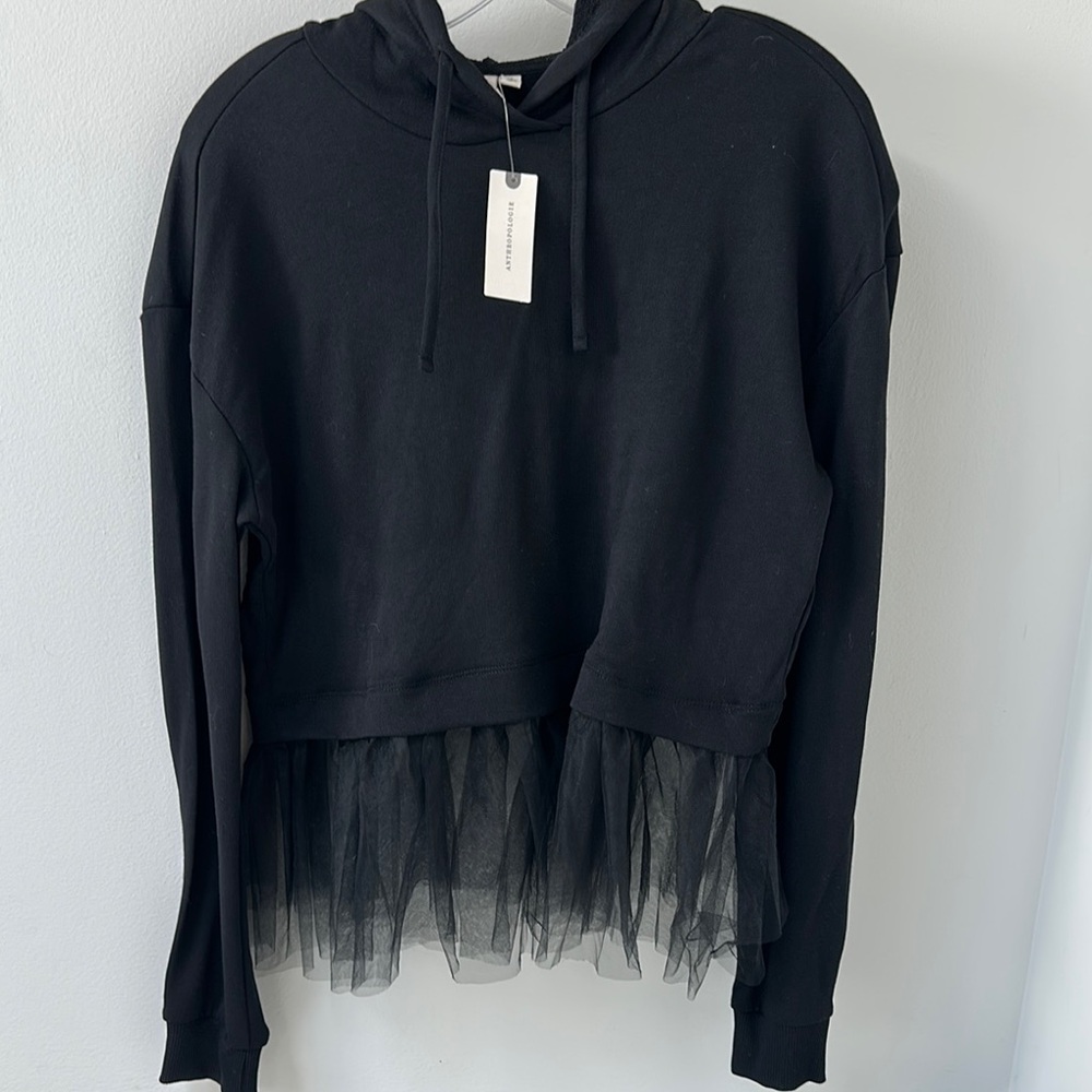 Anthropologie Black Hoodie with Tulle Detail